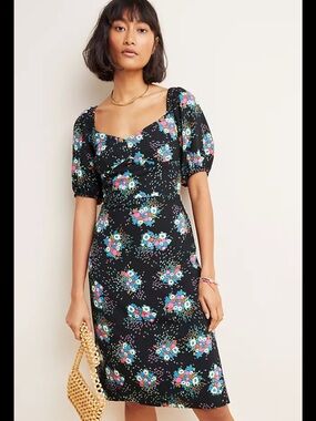 Anthropologie Floral Sweetheart Puff Sleeve Midi Dress Size US 4 Small